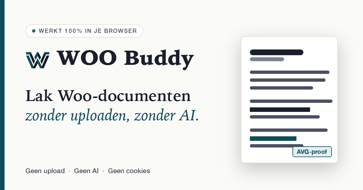 WOO Buddy social card reading "Lak Woo-documenten zonder uploaden, zonder AI"